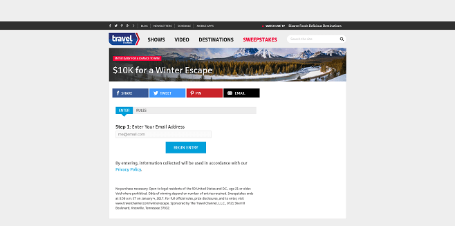 Travel Channel Winter Escape Sweepstakes