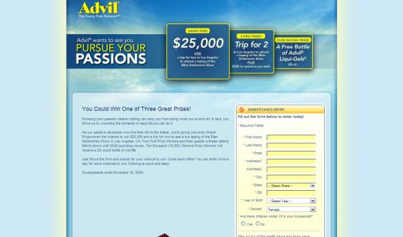 2009 Advil Pursue Your Passions Consumer Sweepstakes 2009 Advil Pursue Your Passions Consumer Sweepstakes