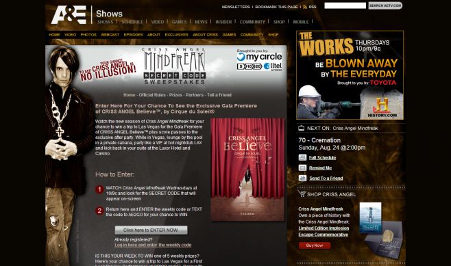 A&E Criss Angel Mindfreak Secret Code Sweepstakes A&E Criss Angel Mindfreak Secret Code Sweepstakes