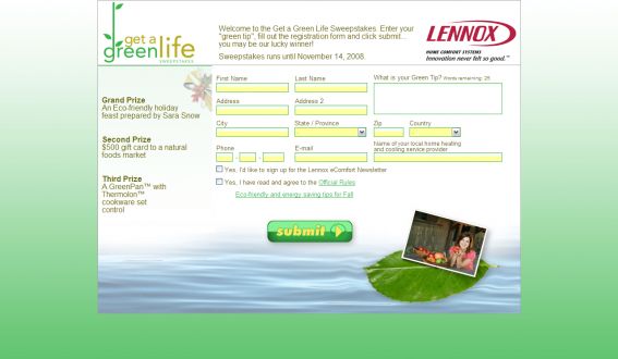 Lennox Fall 2008 Get a Green Life Sweepstakes
