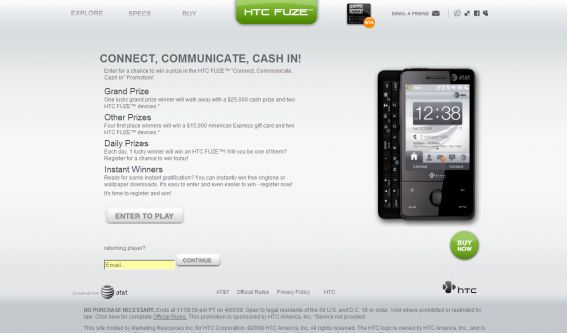 HTC FUZE Connect Communicate Cash In Promotion