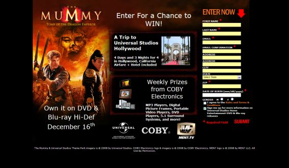 MEN7 & COBY Electronics Presents The Mummy: Tomb of the Dragon Emperor Sweepstakes