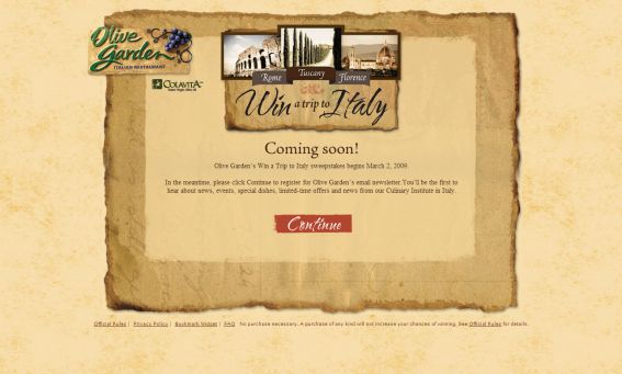 Olive Garden’s 2009 Win a Trip to Italy Sweepstakes Olive Garden’s 2009 Win a Trip to Italy Sweepstakes