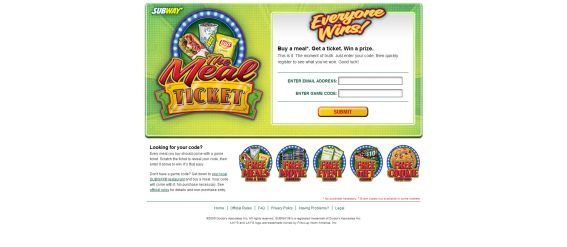 Subway Meal Ticket Instant Win Game Subway Meal Ticket Instant Win Game