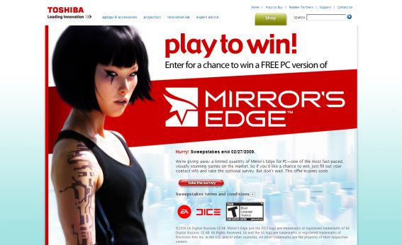 Toshiba Mirror’s Edge Video Game Sweepstakes Toshiba Mirror’s Edge Video Game Sweepstakes