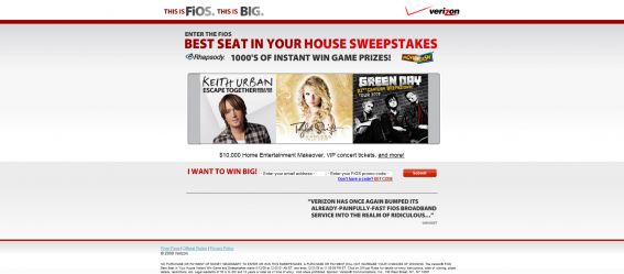 Verizon FiOS Best Seat In Your House Instant Win Game and Sweepstakes