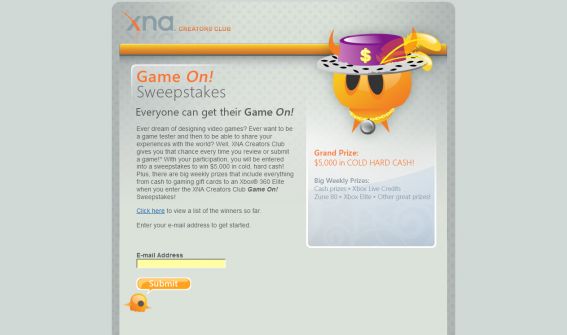 XNA Game On! Sweepstakes XNA Game On! Sweepstakes