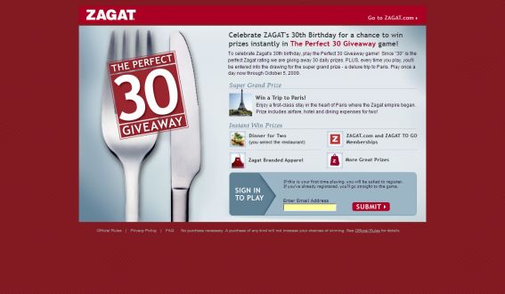 Zagat’s Perfect 30 Giveaway Game Sweepstakes