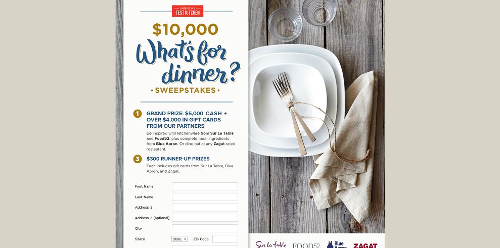 America’s Test Kitchen $10,000 What’s for Dinner Sweepstakes