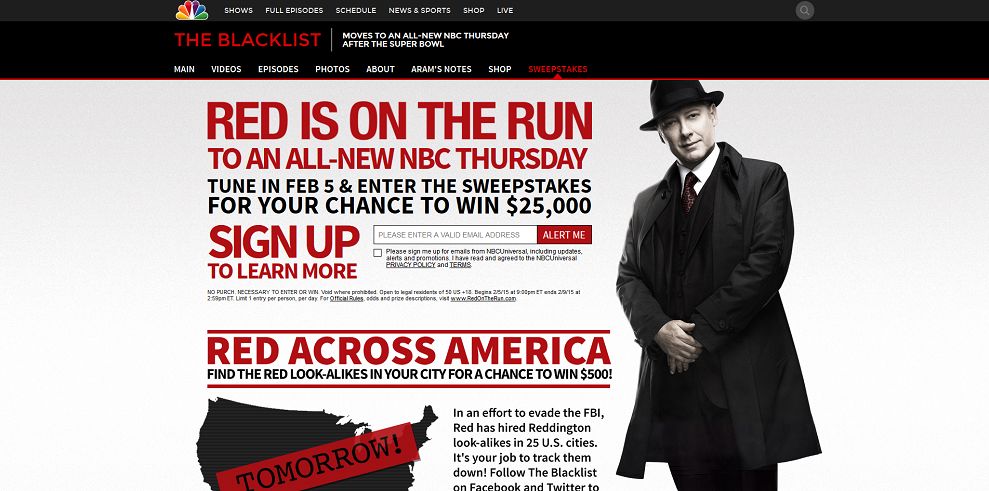 The Blacklist Tune in to Win Sweepstakes (RedOnTheRun.com)