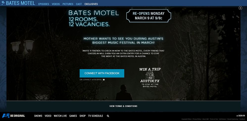 A&E's Bates Motel No Vacancy Sweepstakes - AETV.com/NoVacancy