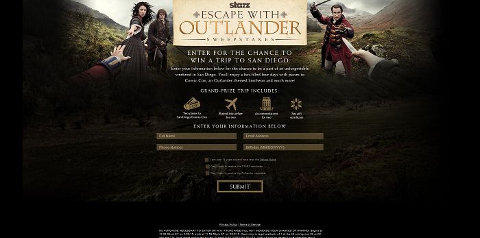 Starz Escape with Outlander Sweepstakes (StarzOutlanderSweeps.com)