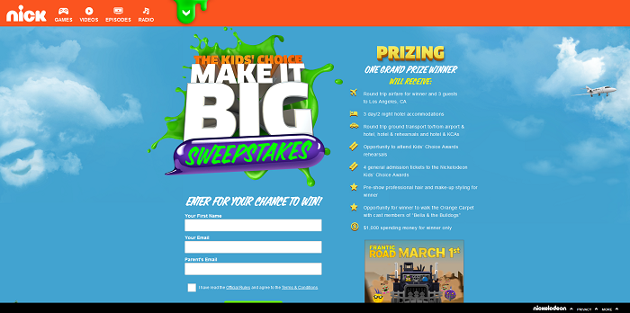 Nick.com/KCASweeps - Kids' Choice Awards Make It Big Sweepstakes