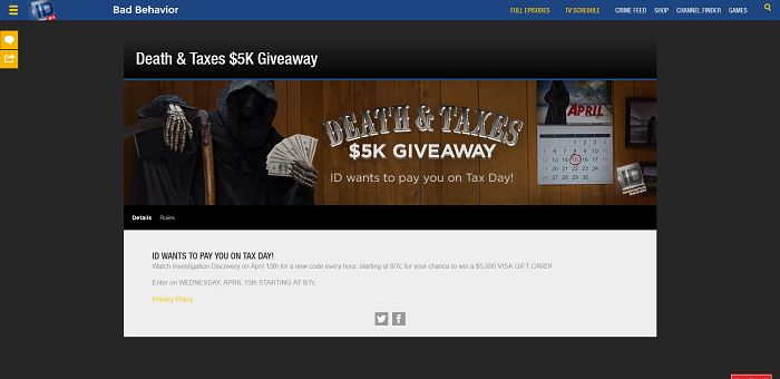 Investigation Discovery Death And Taxes $5K Giveaway (InvestigationDiscovery.com/Giveaway)