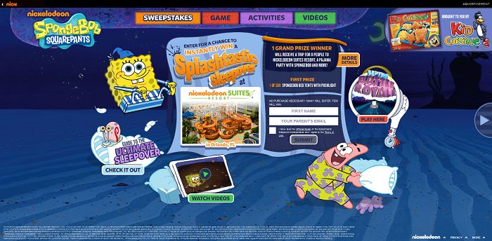 Kid Cuisine SpongeBob Splashtastic Sleepover Sweepstakes (Nick.com/KCFun)