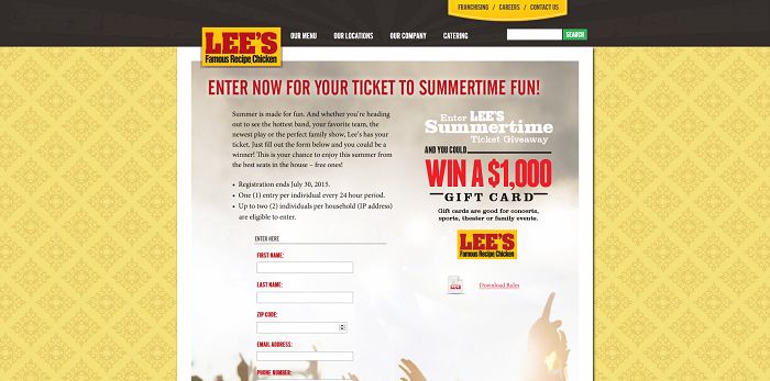 Lee's Famous Recipe Chicken Summertime Ticket Giveaway