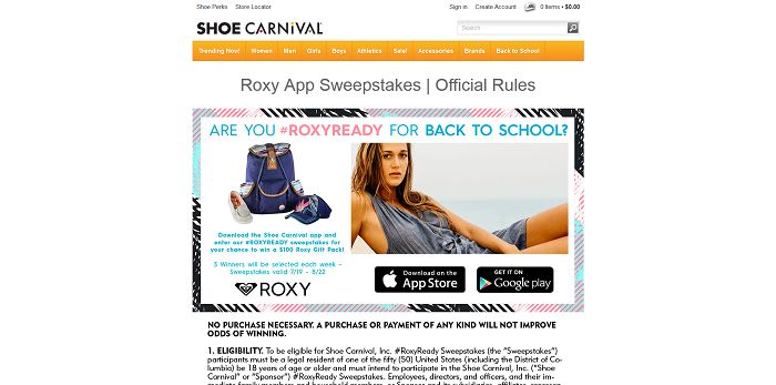 Shoe Carnival Roxy App Sweepstakes