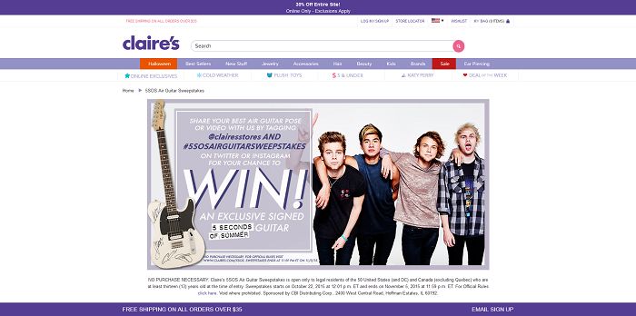 Claire's 5SOS Air Guitar Sweepstakes (Claires.com/5sos)