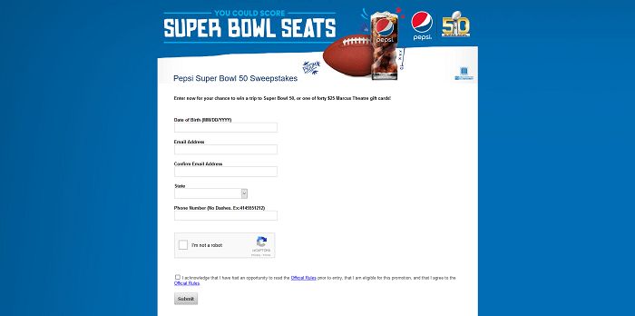 PepsiSB50Tix.com - Pepsi Super Bowl 50 Sweepstakes at Marcus Theatres