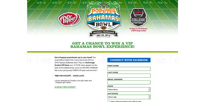 Popeyes and Dr Pepper Football Instant Win Game And Sweepstakes