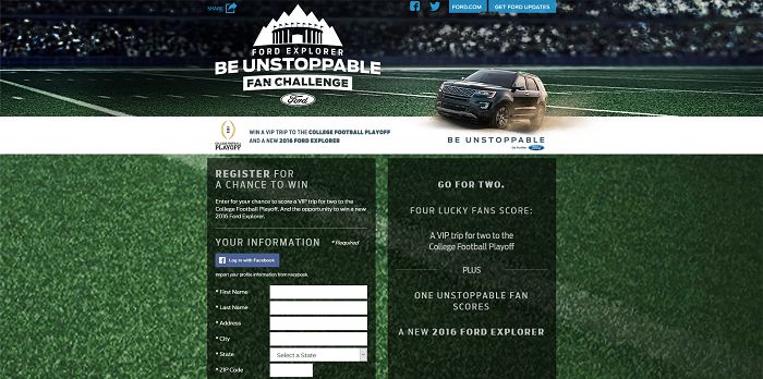 Ford Explorer Be Unstoppable Fan Challenge Promotion (Ford.com/CFP)