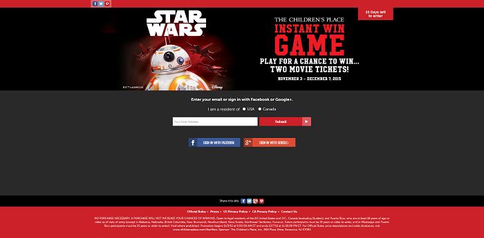 The Children's Place Star Wars Instant Win Game (ChildrensPlace.com/StarWars)