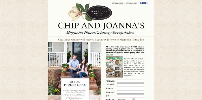 CountryLiving.com/ChipAndJoanna - Country Living Chip and Joanna Magnolia House Getaway Sweepstakes