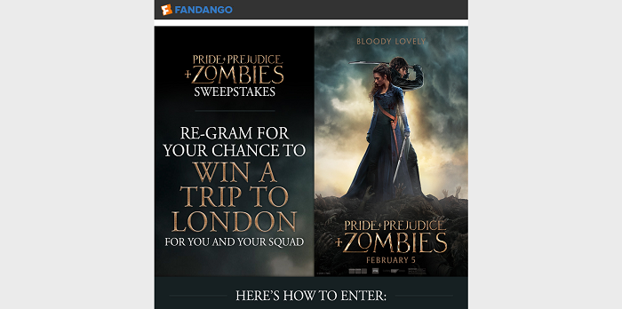 Fandango's Pride and Prejudice and Zombies Instagram Sweepstakes