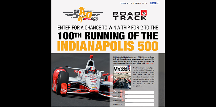 RoadandTrack.com Indy 500 Sweepstakes