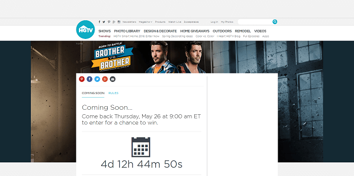 HGTV.com/BrotherSweeps - HGTV Brother Vs. Brother Sweepstakes 2016