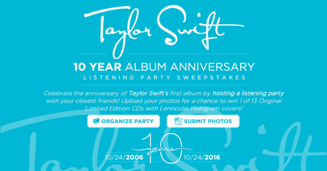 Taylor Swift 10 Year Anniversary Listening Party Sweepstakes (TaylorSwift10Years.com)