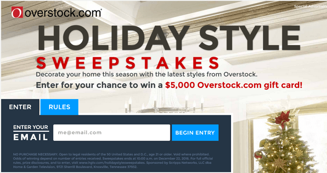 Overstock Holiday Style Sweepstakes (HGTV.com/HolidayStyleSweepstakes)