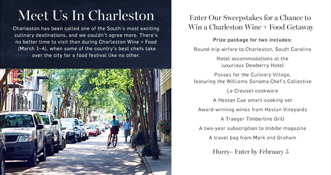 Williams Sonoma Trip to Charleston Wine + Food Sweepstakes 2018